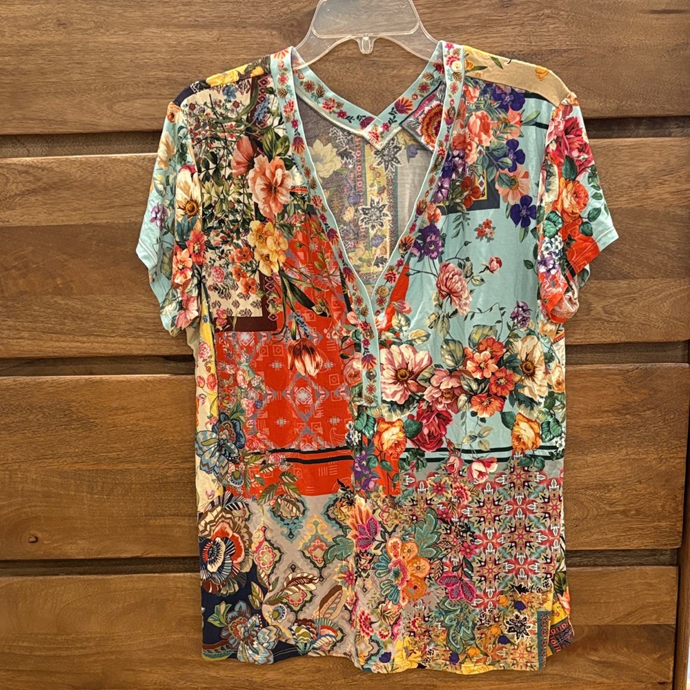 Johnny Was Multicolor Floral Patchwork Blouse